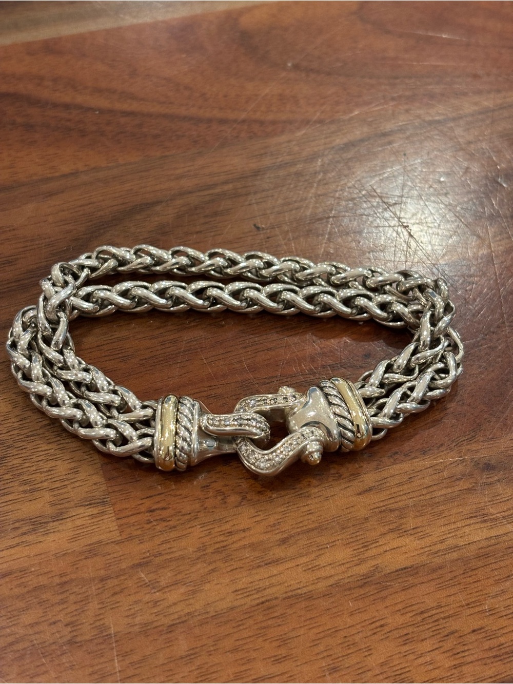 David Yurman 18K Diamond Buckle Double Wheat Chain Bracelet - 8 inches long - Picture 5 of 5